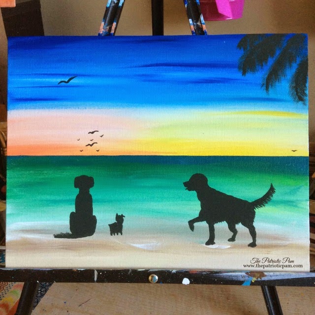 Puppies at Sunset golden retrievers, yorkie, beach, ocean, sunset, sunrise, dogs, puppies, painting, acrylic painting