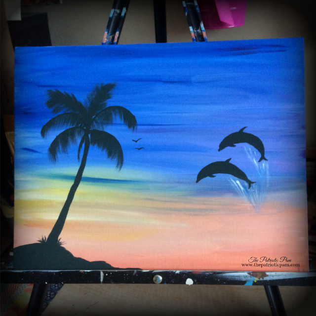 Dolphins at sunrise beach, ocean, dolphins, palm trees, sunrise, painting, acrylic painting