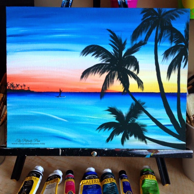 Paddle boarders at sunset paddle boarders, sunset, beach, ocean, palm trees, acrylic painting, painting